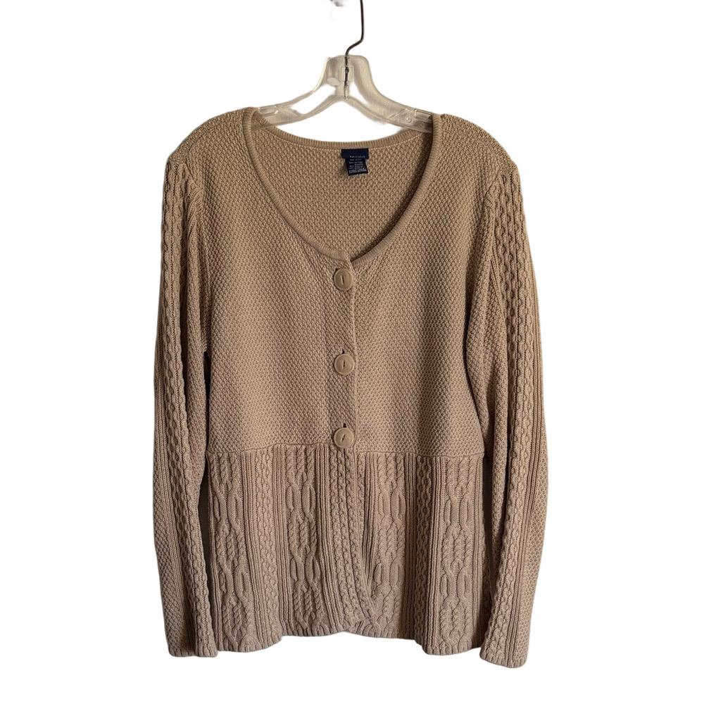 Vintage Basic Editions Beige Cable Knit Button Front Cardigan Size XL Fisherman